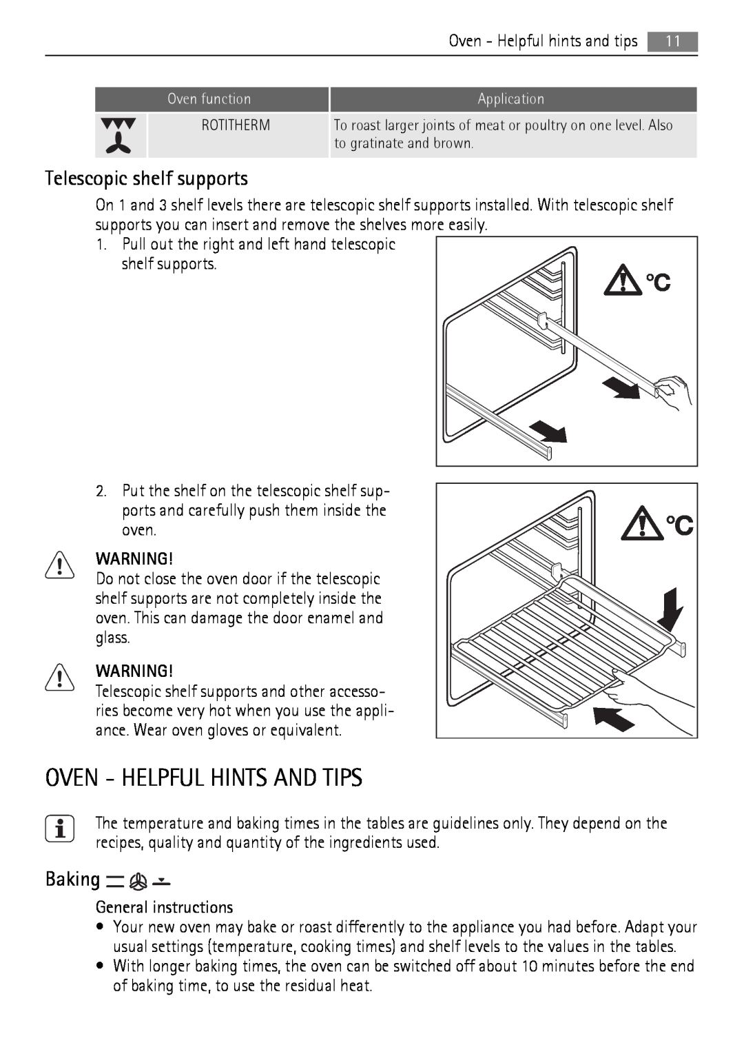 Electrolux 40036VI-WN user manual Telescopic shelf supports, Baking, Oven - Helpful Hints And Tips 