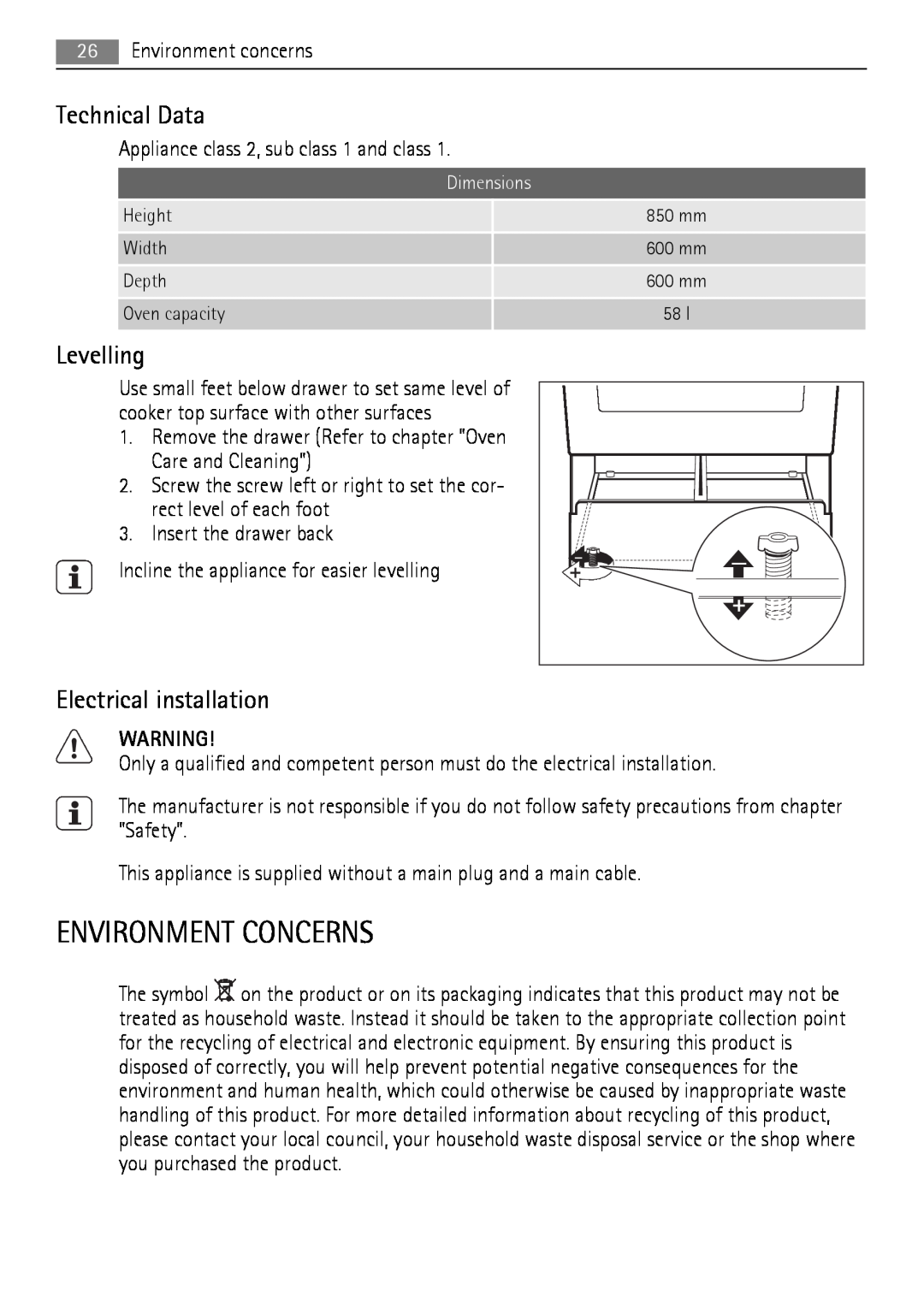 Electrolux 40036VI-WN user manual Environment Concerns, Technical Data, Electrical installation, Levelling 