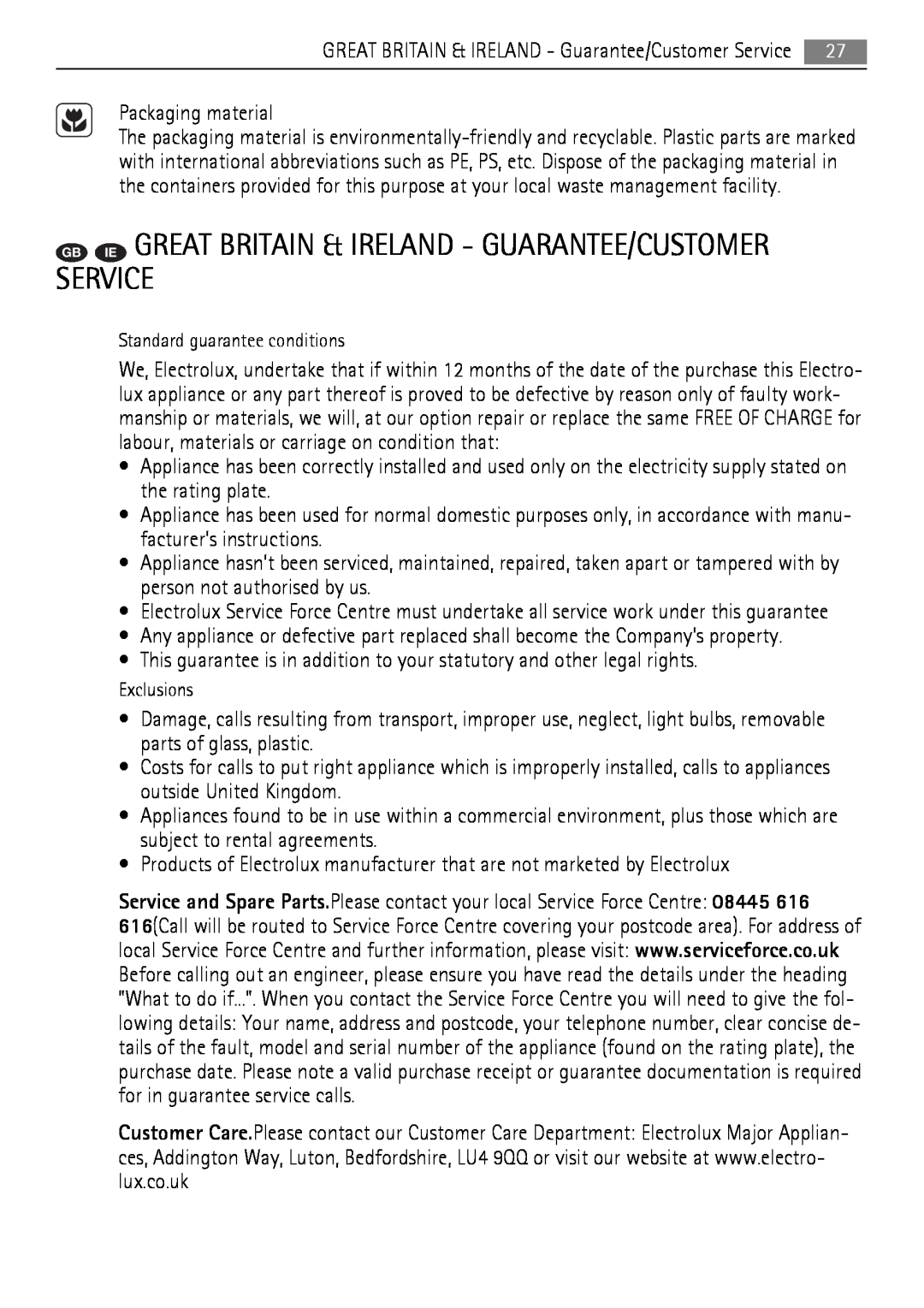 Electrolux 40036VI-WN user manual Gb Ie Great Britain & Ireland - Guarantee/Customer Service 