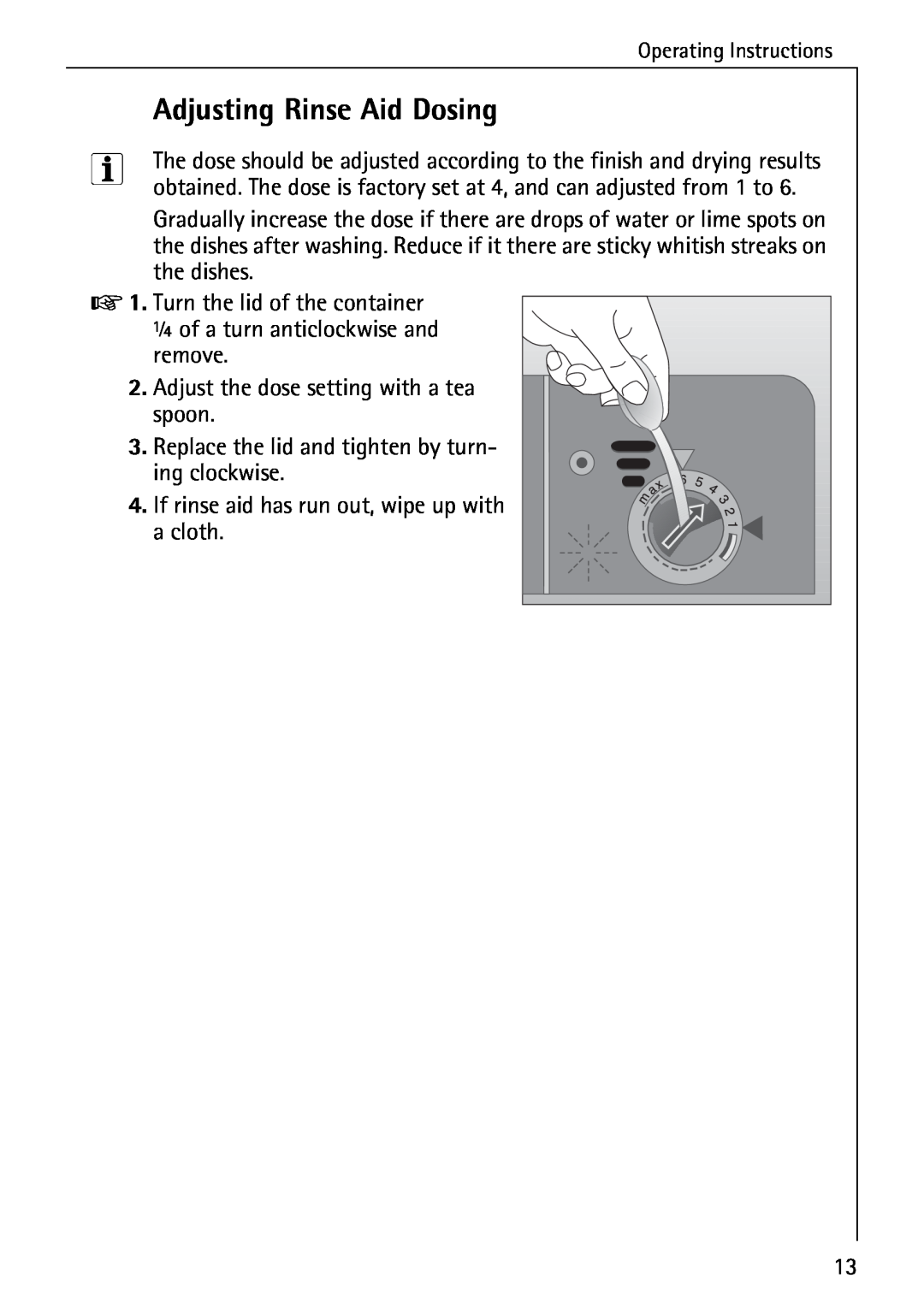 Electrolux 40250 i manual Adjusting Rinse Aid Dosing 