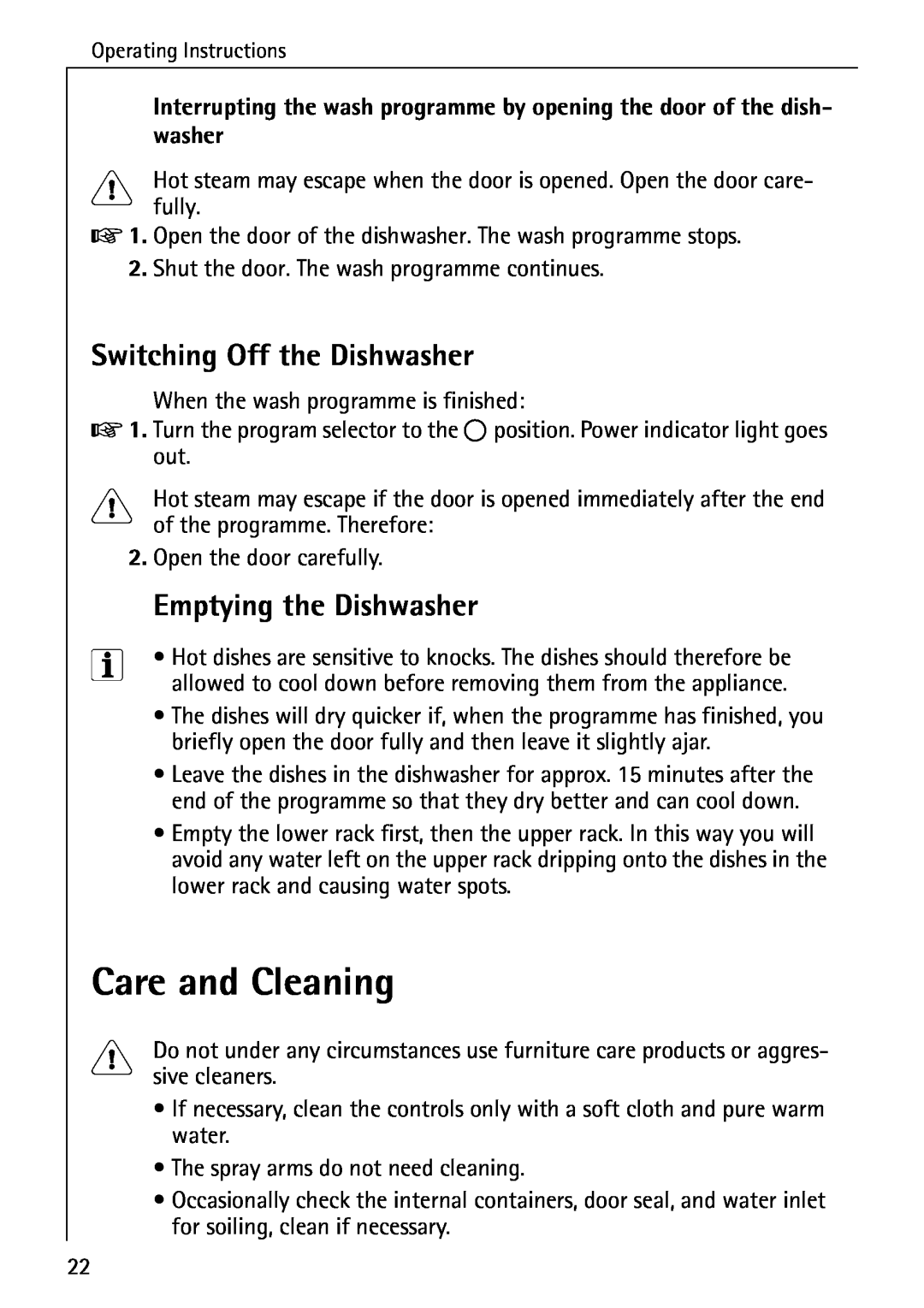 Electrolux 40250 i manual Care and Cleaning, Switching Off the Dishwasher, Emptying the Dishwasher 
