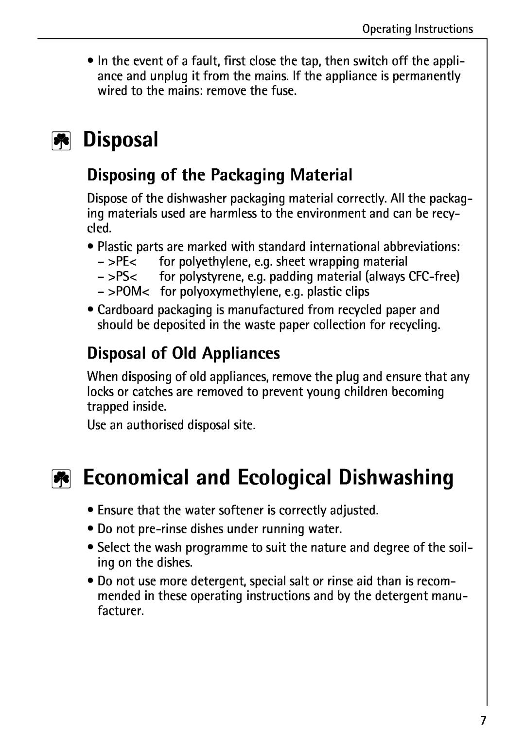 Electrolux 40250 i manual Disposal, Economical and Ecological Dishwashing, Disposing of the Packaging Material 