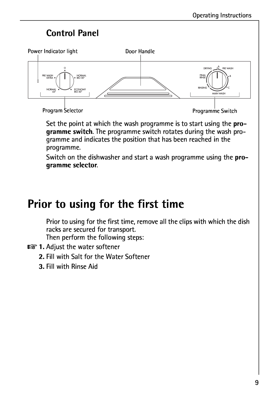 Electrolux 40250 i manual Prior to using for the first time, Control Panel 