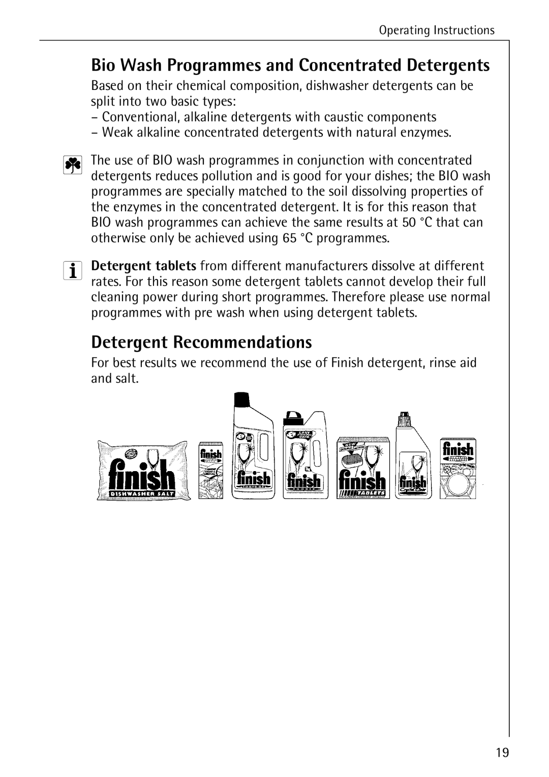 Electrolux 40300 manual Bio Wash Programmes and Concentrated Detergents, Detergent Recommendations 