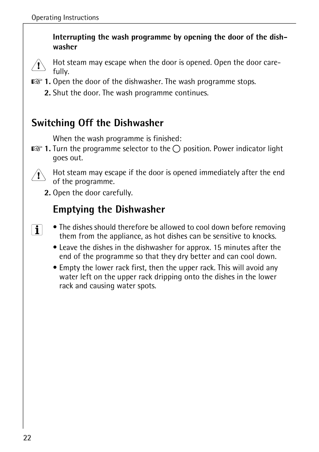 Electrolux 40300 manual Switching Off the Dishwasher, Emptying the Dishwasher, Washer 