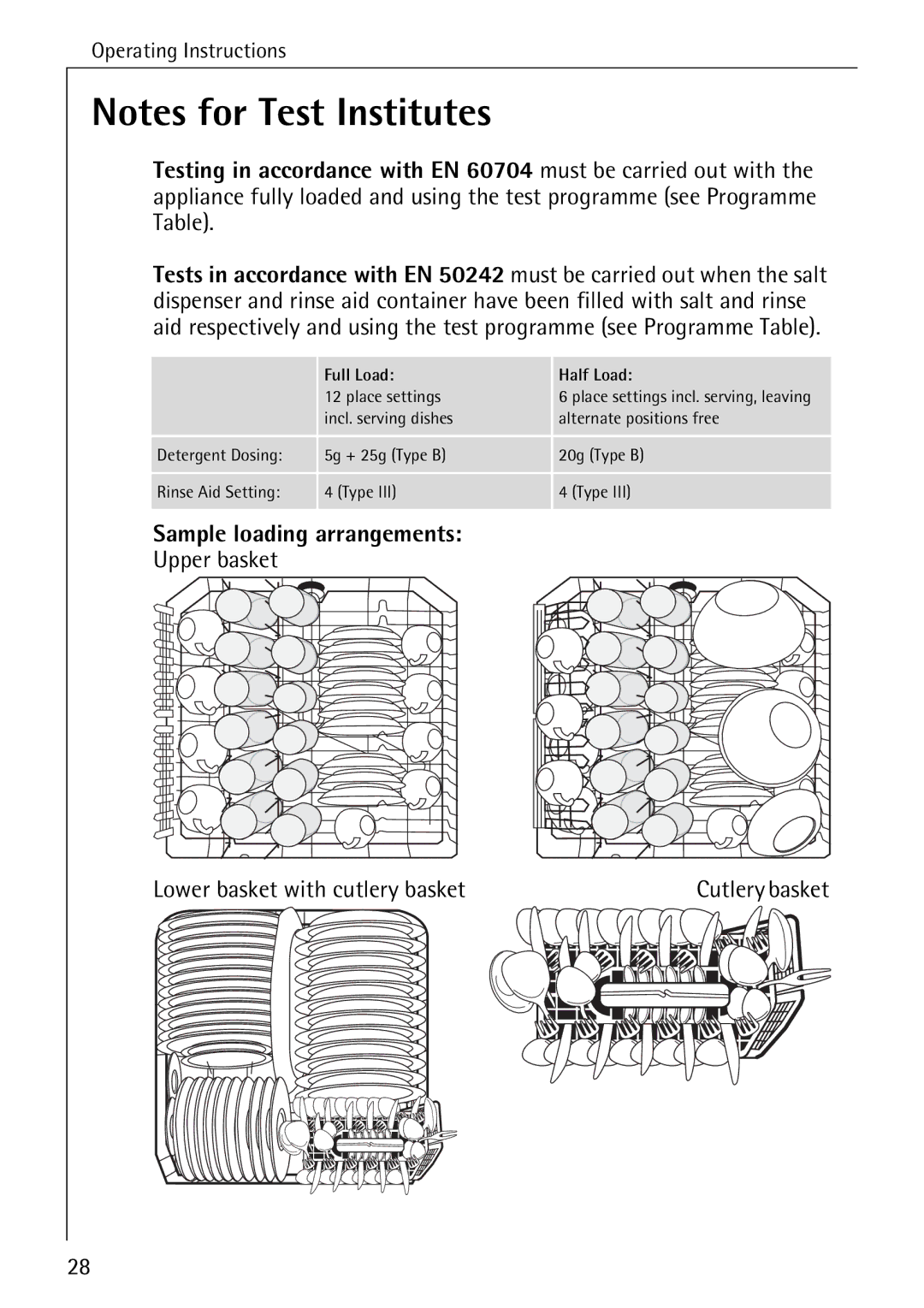 Electrolux 40300 manual Sample loading arrangements, Upper basket Lower basket with cutlery basket 