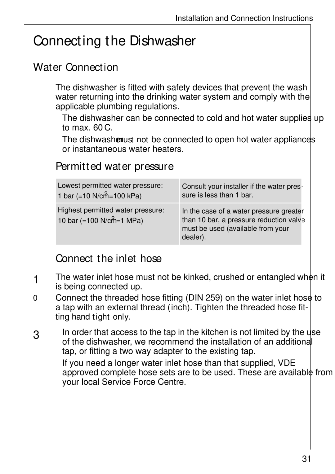 Electrolux 40300 manual Connecting the Dishwasher, Water Connection, Permitted water pressure, Connect the inlet hose 