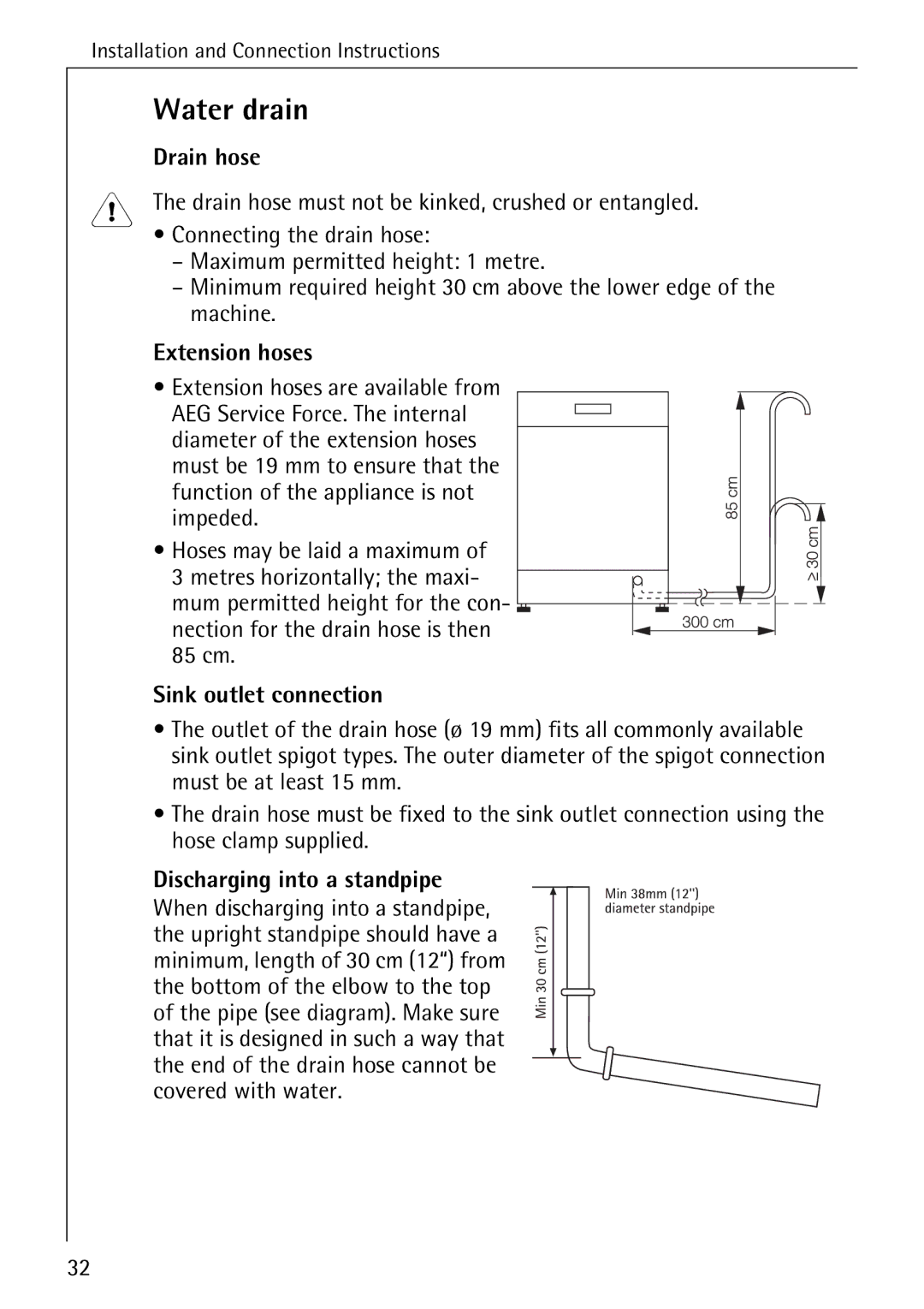 Electrolux 40300 manual Water drain, Drain hose, Extension hoses, Sink outlet connection, Discharging into a standpipe 