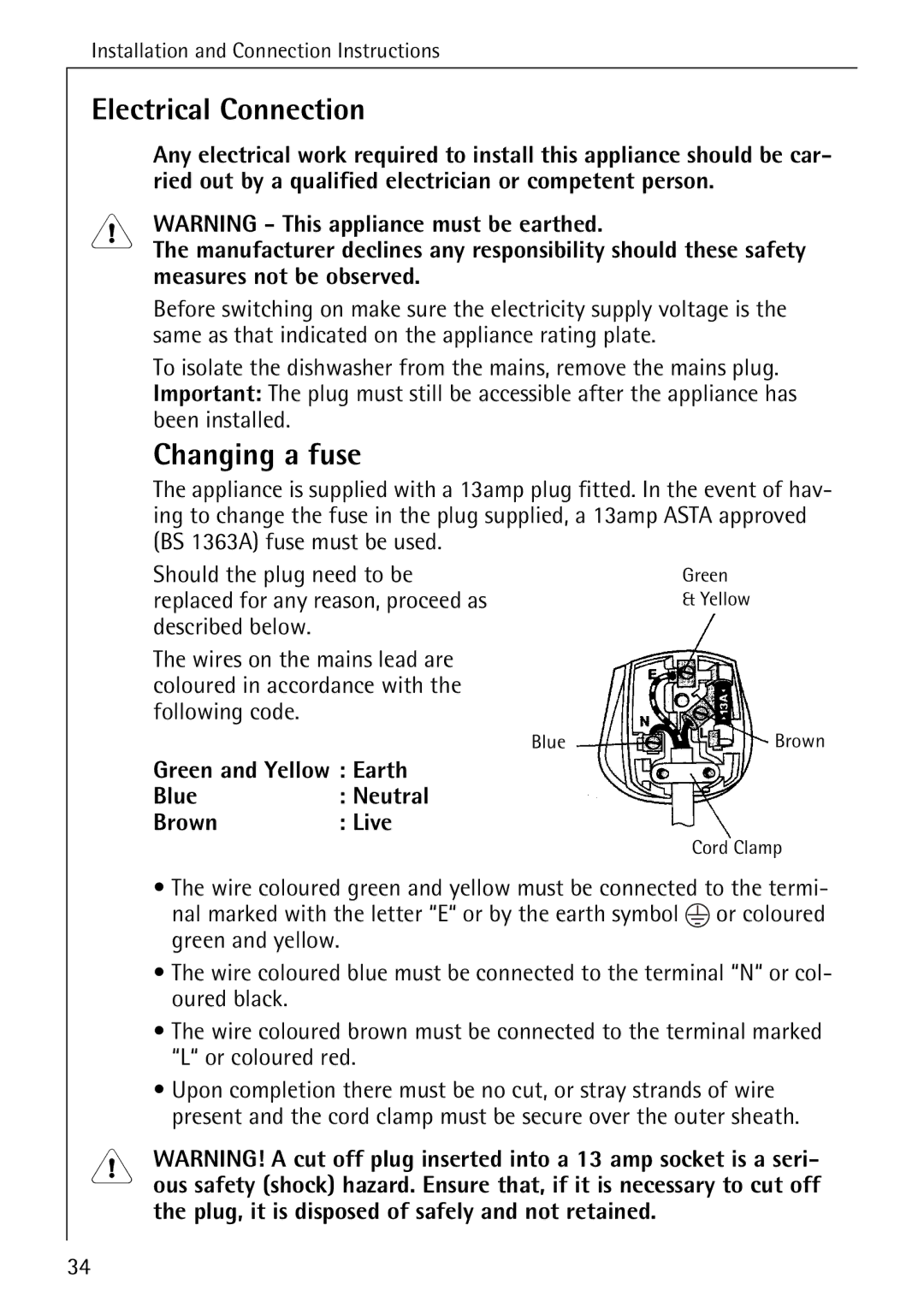 Electrolux 40300 manual Electrical Connection, Changing a fuse 