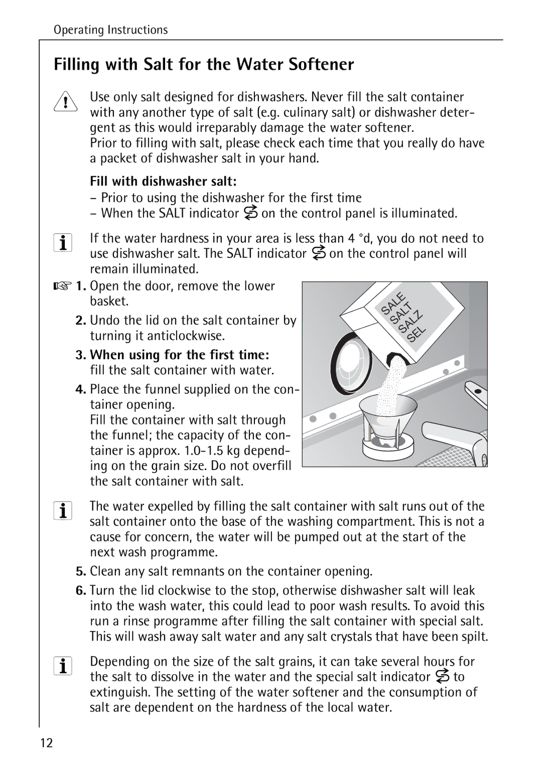 Electrolux 40640 manual Filling with Salt for the Water Softener, Fill with dishwasher salt, Turning it anticlockwise 