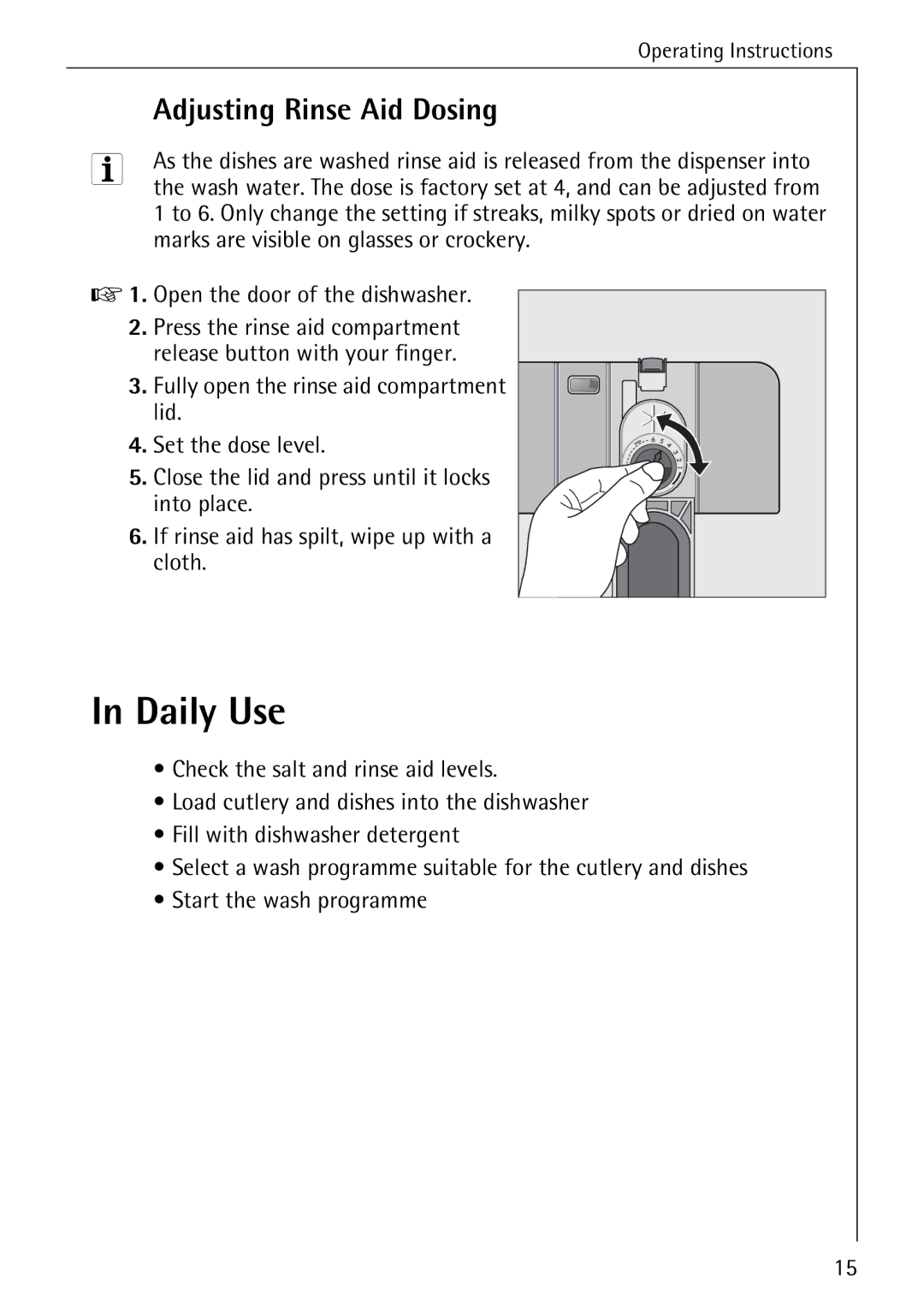 Electrolux 40640 manual Daily Use, Adjusting Rinse Aid Dosing 