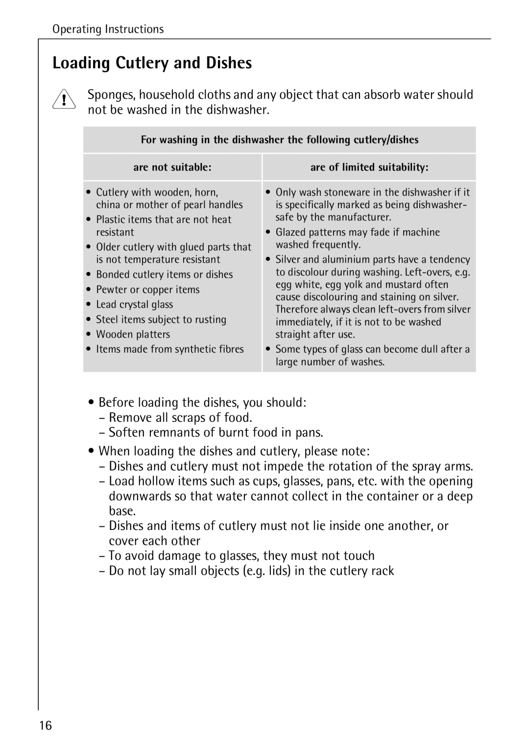 Electrolux 40640 manual Loading Cutlery and Dishes, Not be washed in the dishwasher 