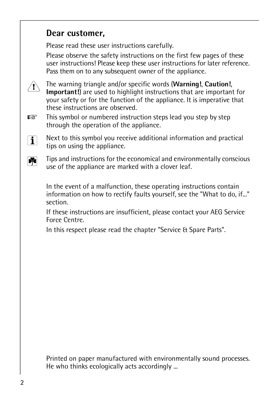 Electrolux 40640 manual Dear customer, Please read these user instructions carefully, Tips on using the appliance 