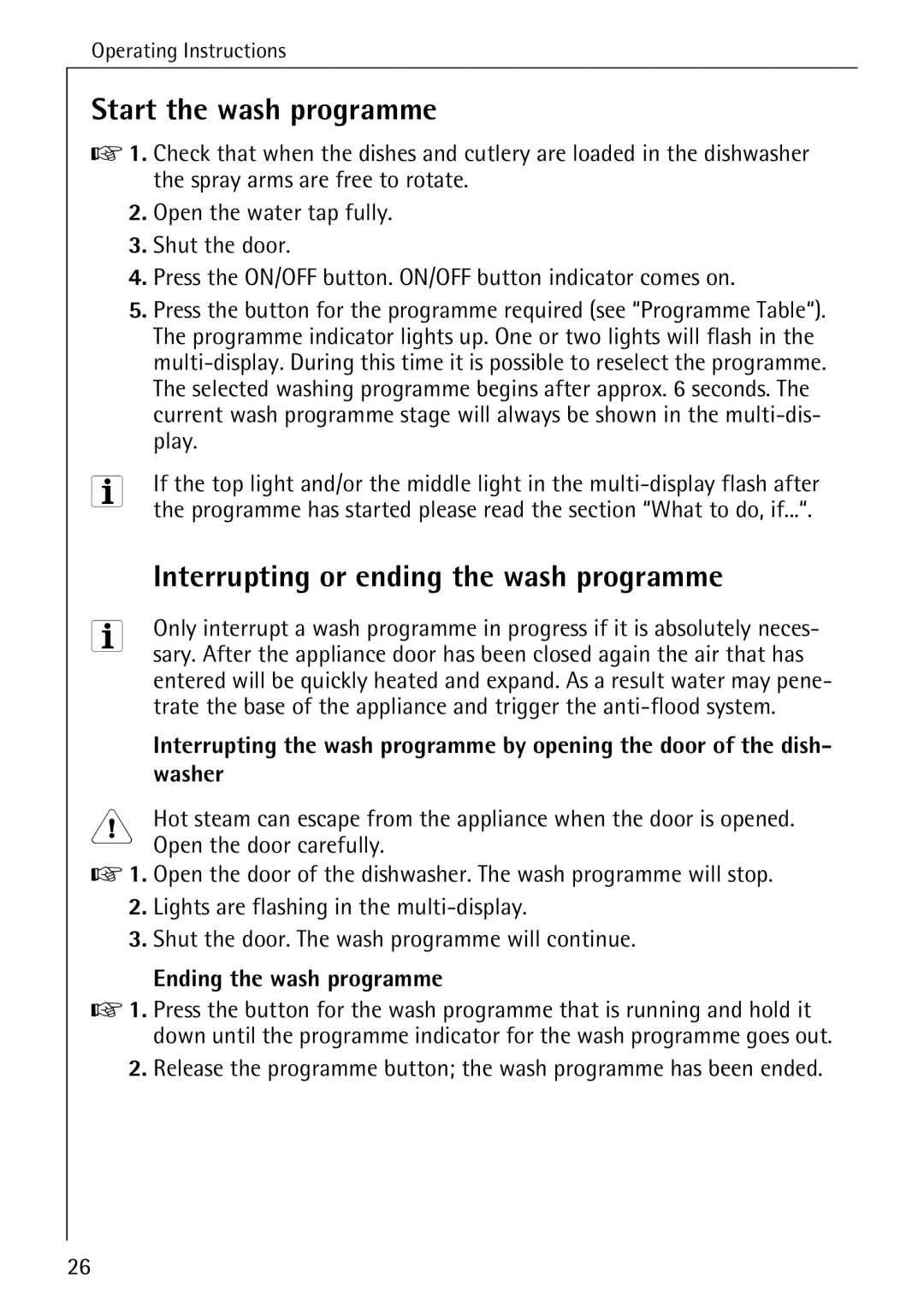 Electrolux 40640 Start the wash programme, Interrupting or ending the wash programme, Washer, Open the door carefully 