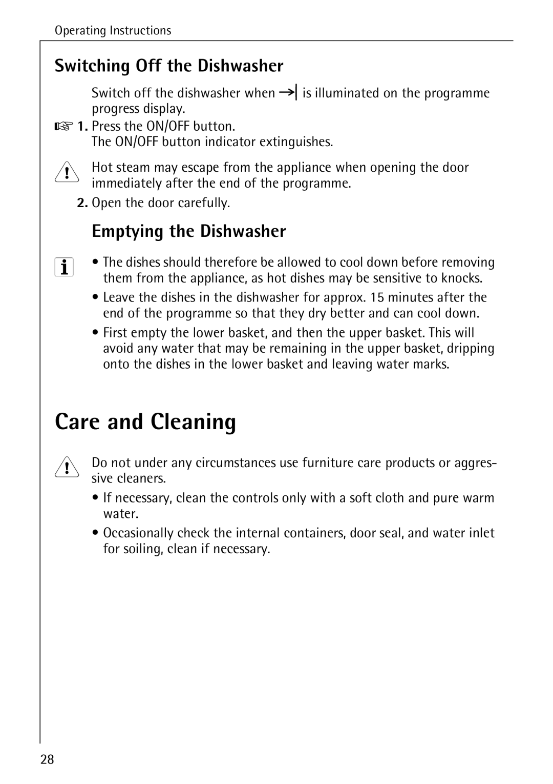 Electrolux 40640 manual Care and Cleaning, Switching Off the Dishwasher, Emptying the Dishwasher, Sive cleaners 