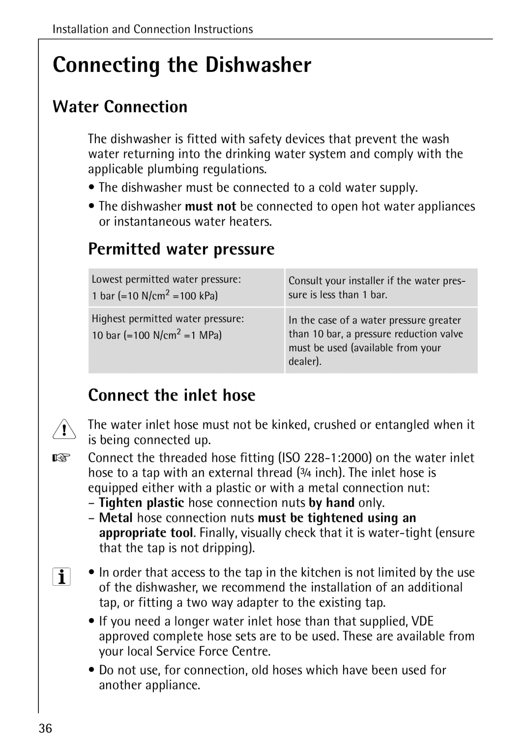 Electrolux 40640 manual Connecting the Dishwasher, Water Connection, Permitted water pressure, Connect the inlet hose 