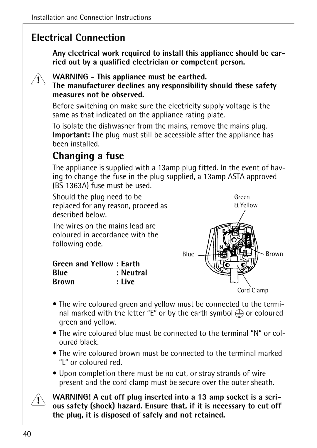 Electrolux 40640 manual Electrical Connection, Changing a fuse 