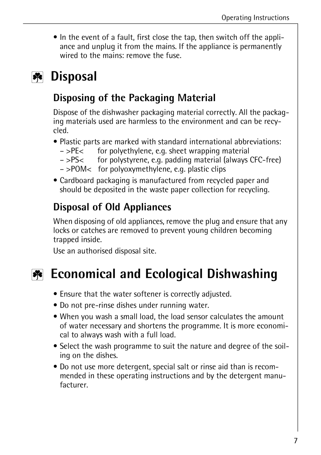 Electrolux 40640 manual Disposal, Economical and Ecological Dishwashing, Disposing of the Packaging Material 