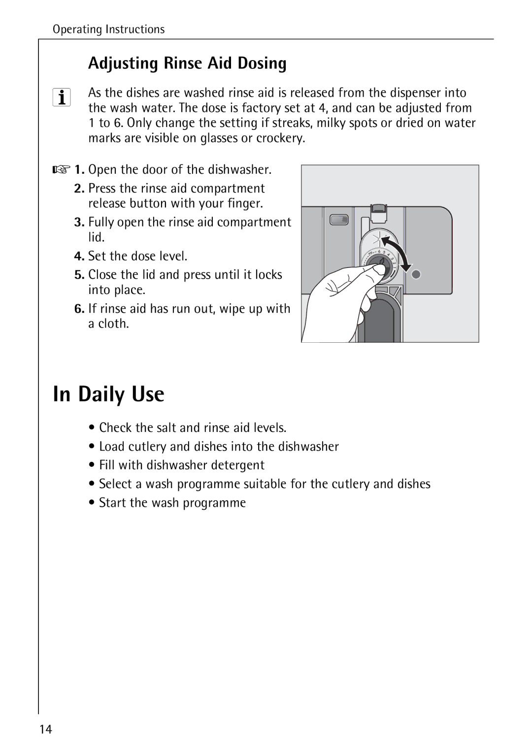 Electrolux 40660 i manual Daily Use, Adjusting Rinse Aid Dosing 