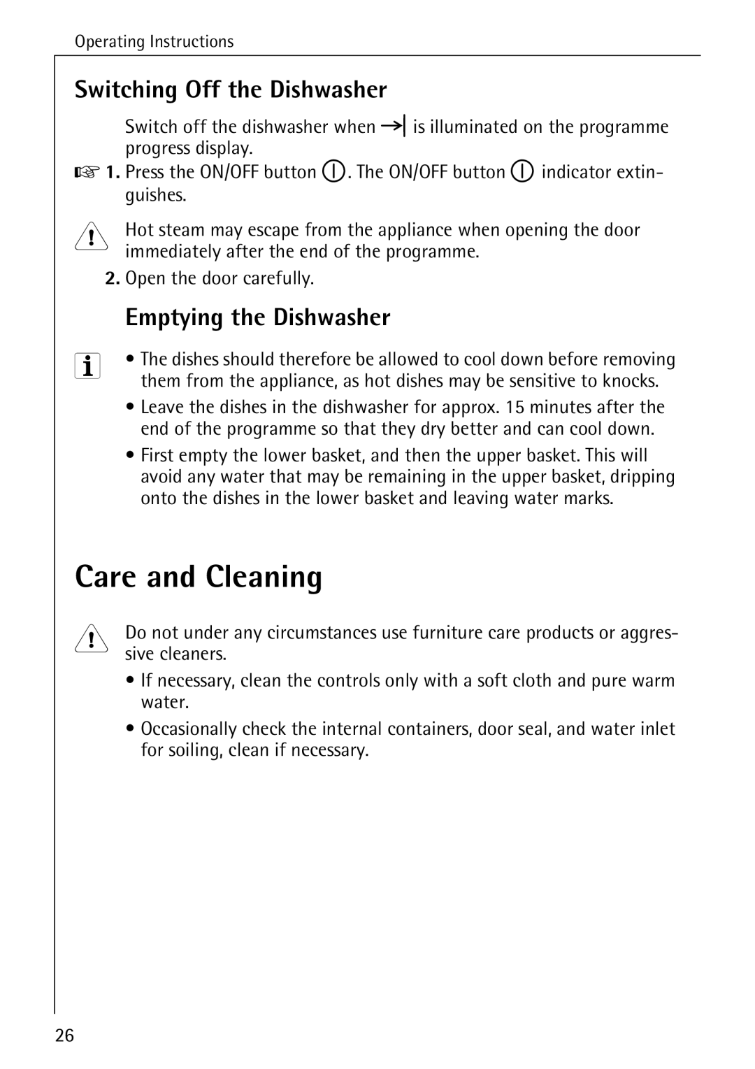 Electrolux 40660 i manual Care and Cleaning, Switching Off the Dishwasher, Emptying the Dishwasher, Sive cleaners 