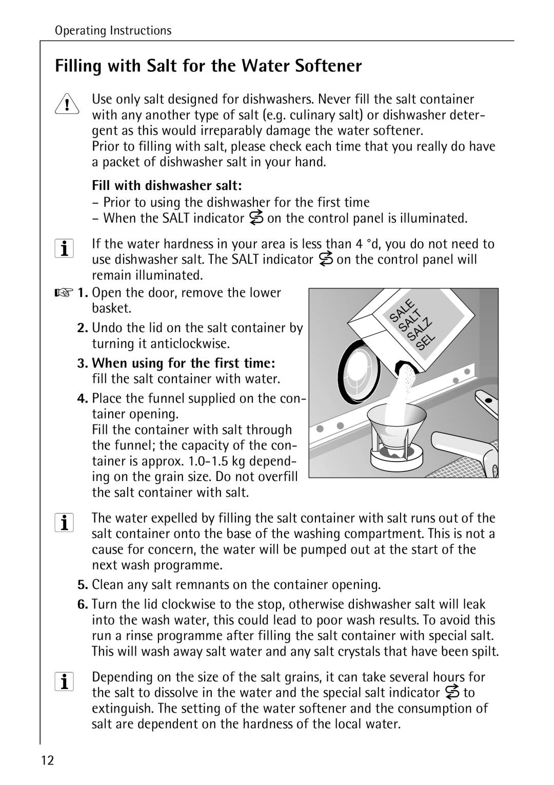 Electrolux 40740 manual Filling with Salt for the Water Softener, Fill with dishwasher salt, Turning it anticlockwise 