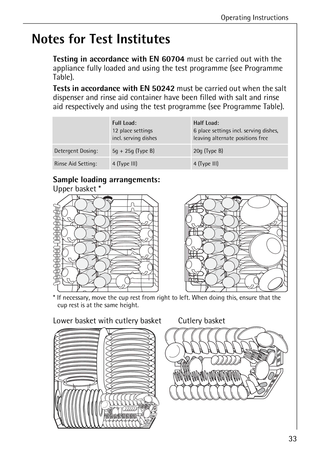 Electrolux 40740 manual Sample loading arrangements, Upper basket, Lower basket with cutlery basket 