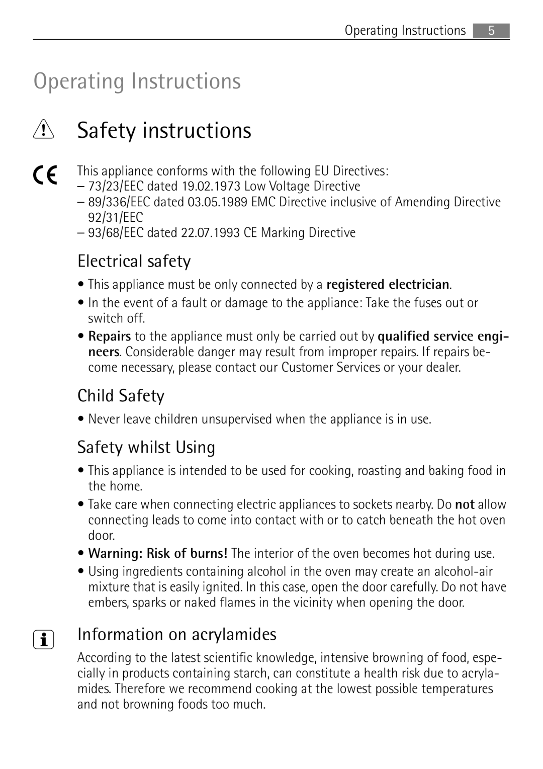 Electrolux 41016VH Safety instructions, Electrical safety, Child Safety, Safety whilst Using, Information on acrylamides 