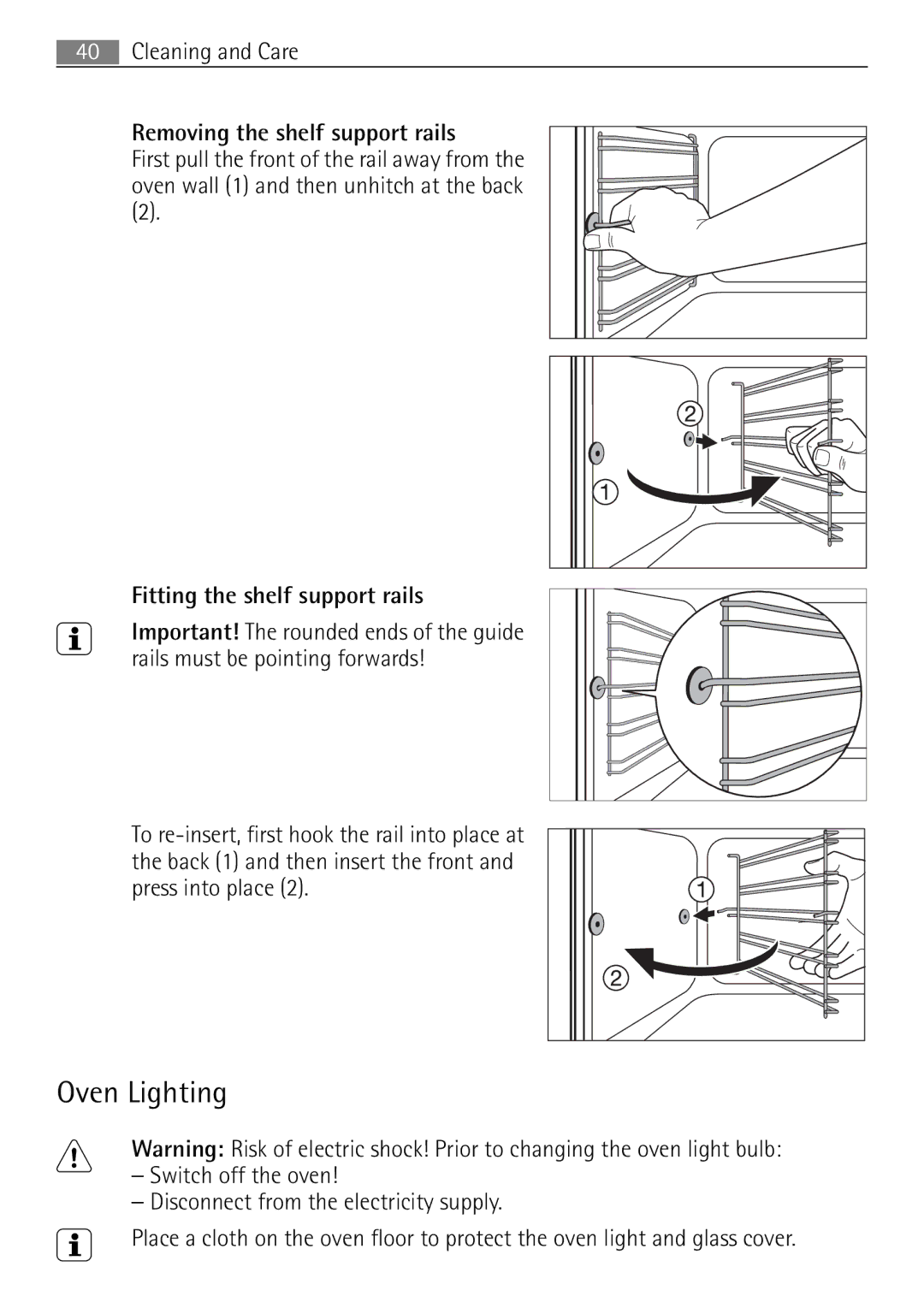 Electrolux 41016VI user manual Oven Lighting, Cleaning and Care Removing the shelf support rails 