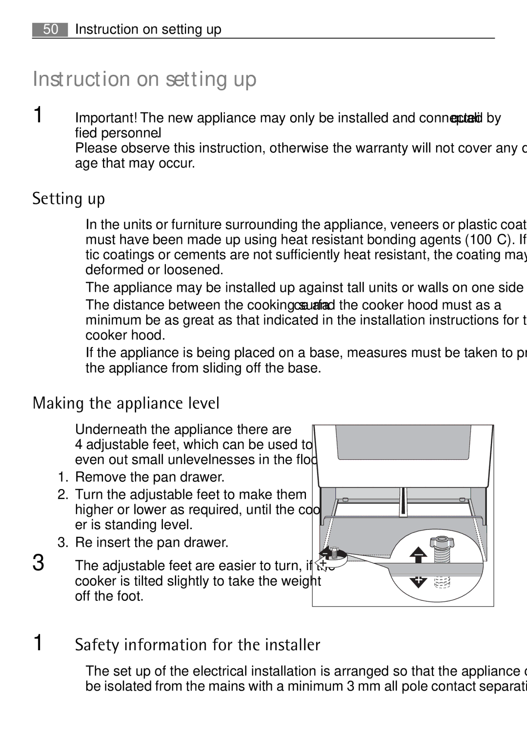 Electrolux 41016VI Setting up, Making the appliance level, Safety information for the installer, Instruction on setting up 