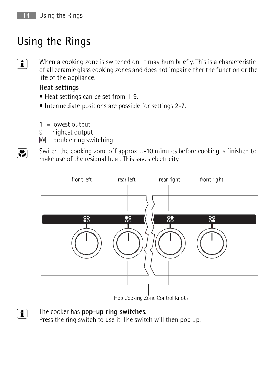 Electrolux 41056VH user manual Using the Rings, Switch the cooking zone off approx 