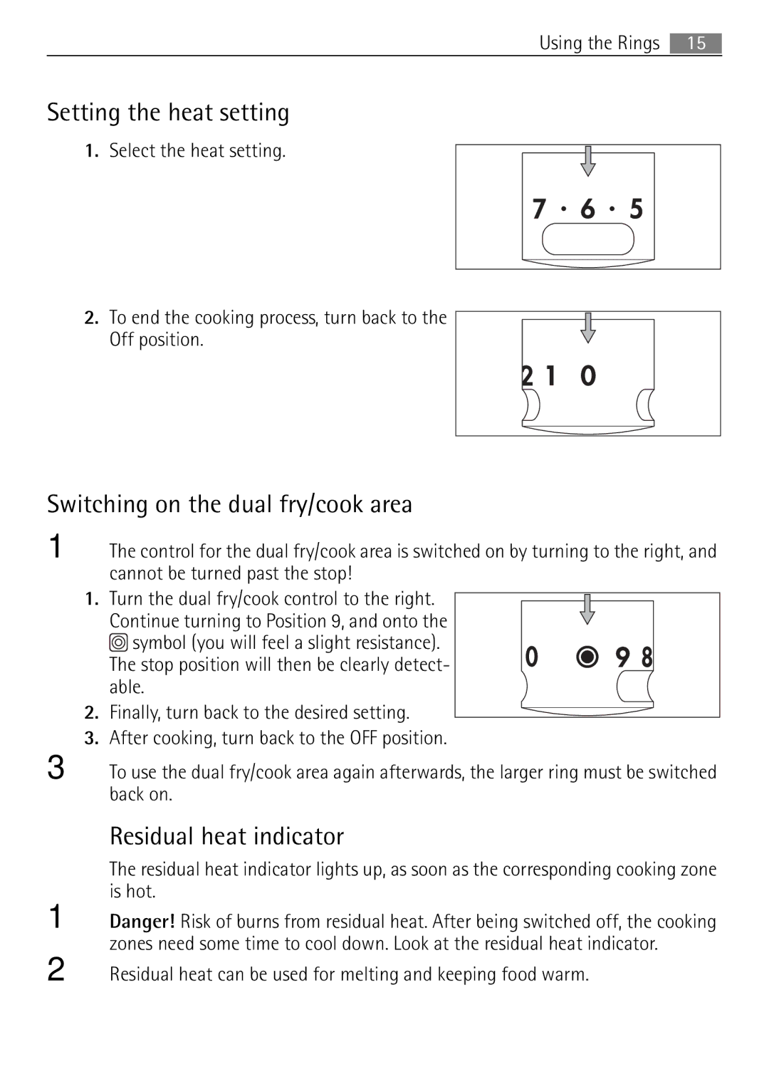 Electrolux 41056VH user manual Setting the heat setting, Switching on the dual fry/cook area, Residual heat indicator 