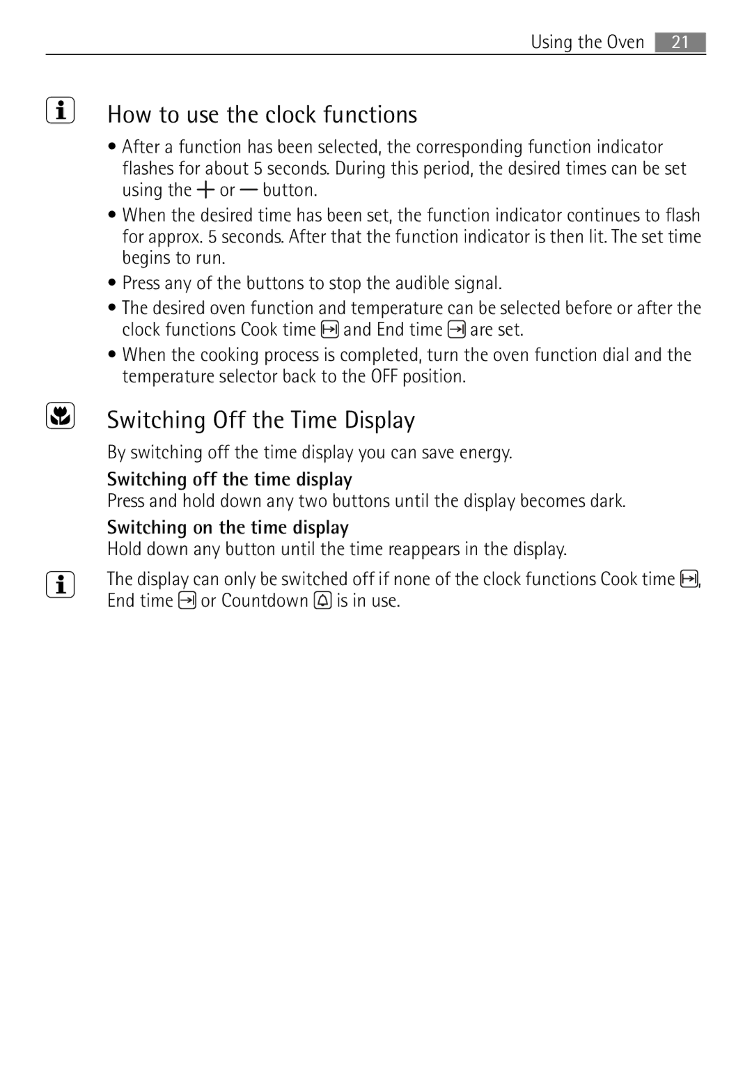 Electrolux 41056VH user manual How to use the clock functions, Switching Off the Time Display, Using 