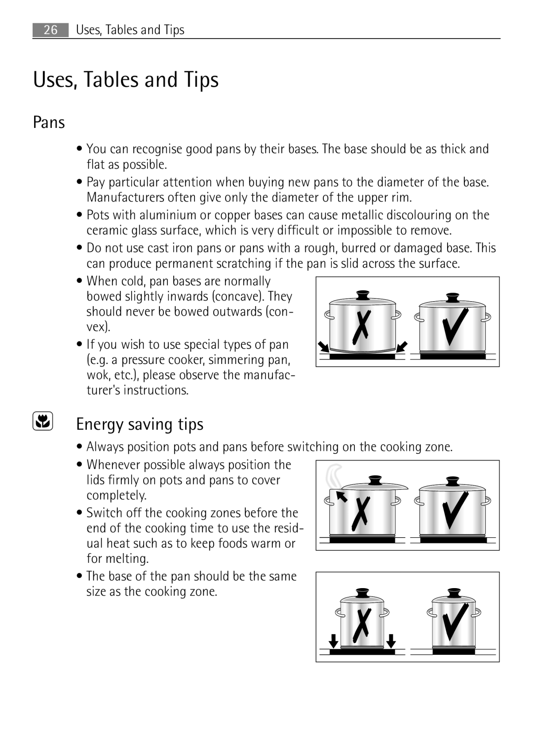 Electrolux 41056VH user manual Uses, Tables and Tips, Pans, Energy saving tips 