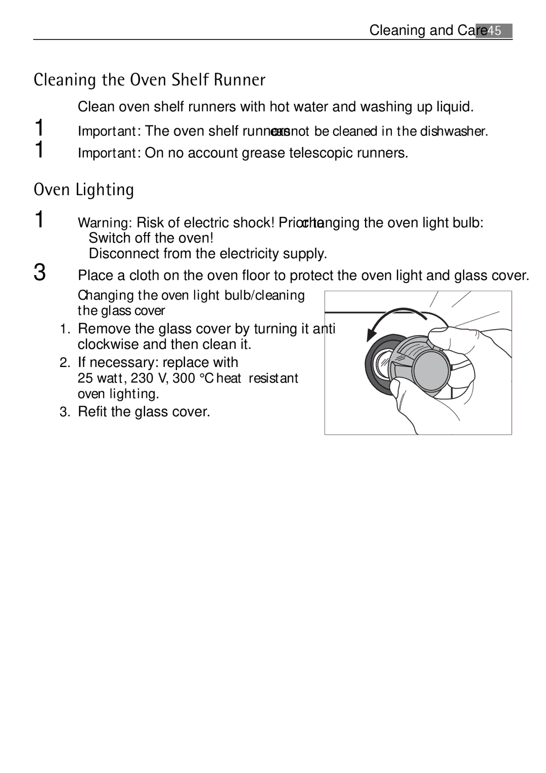 Electrolux 41056VH user manual Cleaning the Oven Shelf Runner, Oven Lighting 