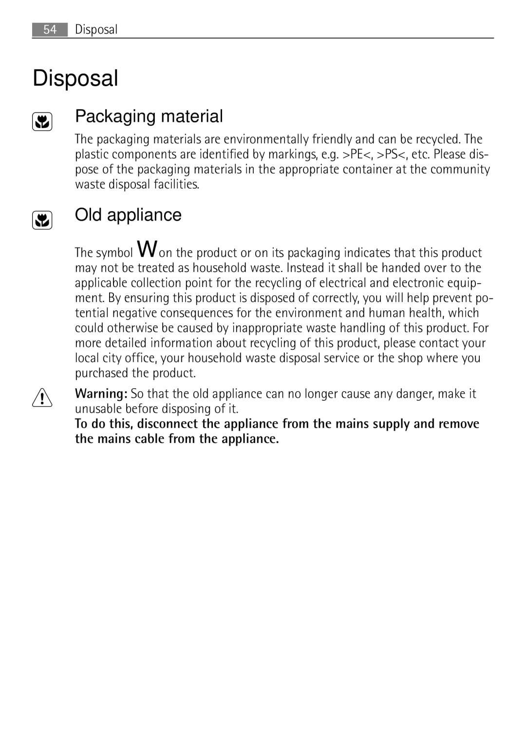 Electrolux 41056VH user manual Disposal, Packaging material, Old appliance 