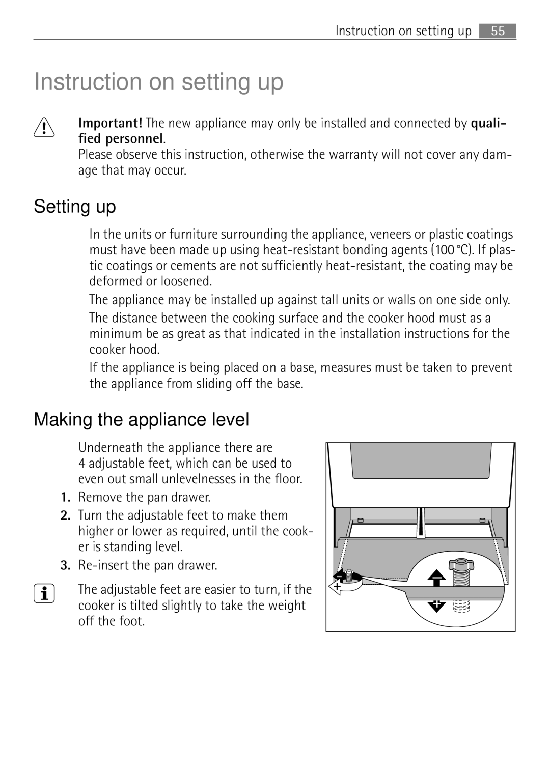 Electrolux 41056VH Setting up, Making the appliance level, Instruction on setting up, Underneath the appliance there are 