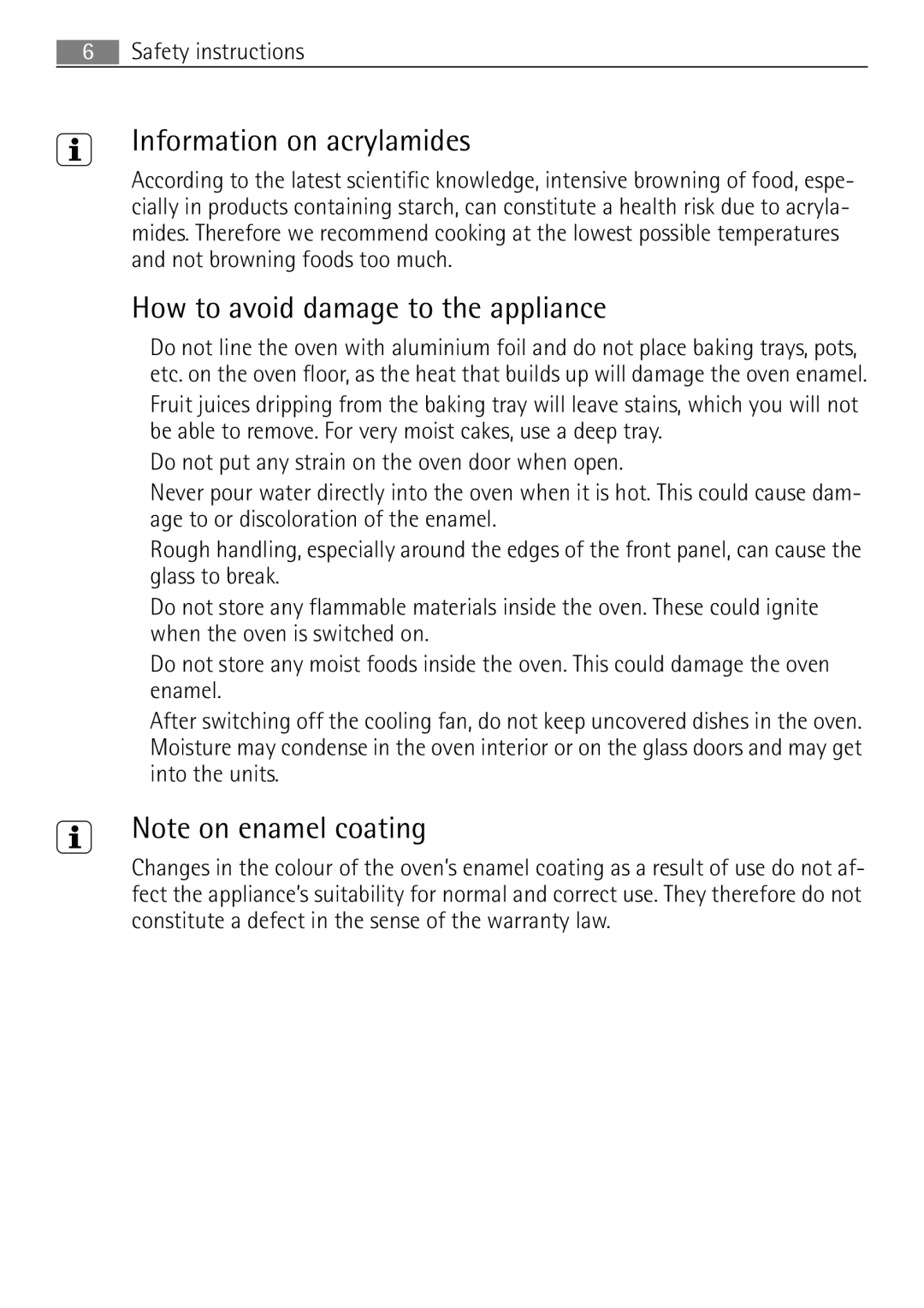 Electrolux 41056VH user manual Information on acrylamides, How to avoid damage to the appliance, Safety instructions 