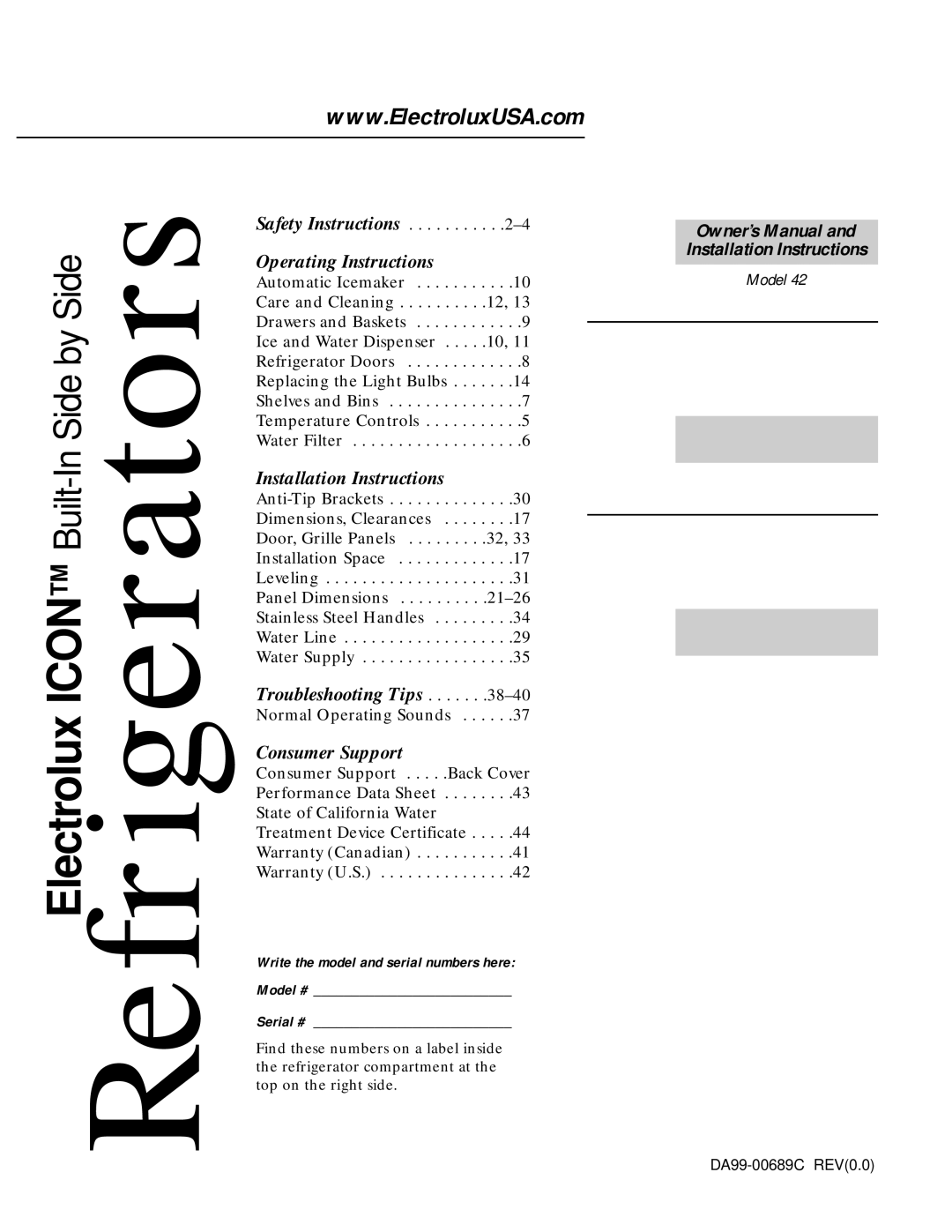 Electrolux 42 owner manual Refrigerators, Serial # 