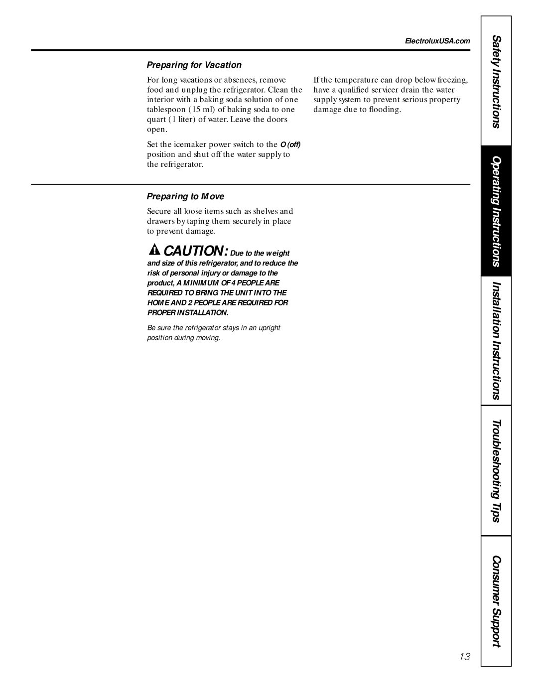 Electrolux 42 owner manual Preparing for Vacation, Preparing to Move 