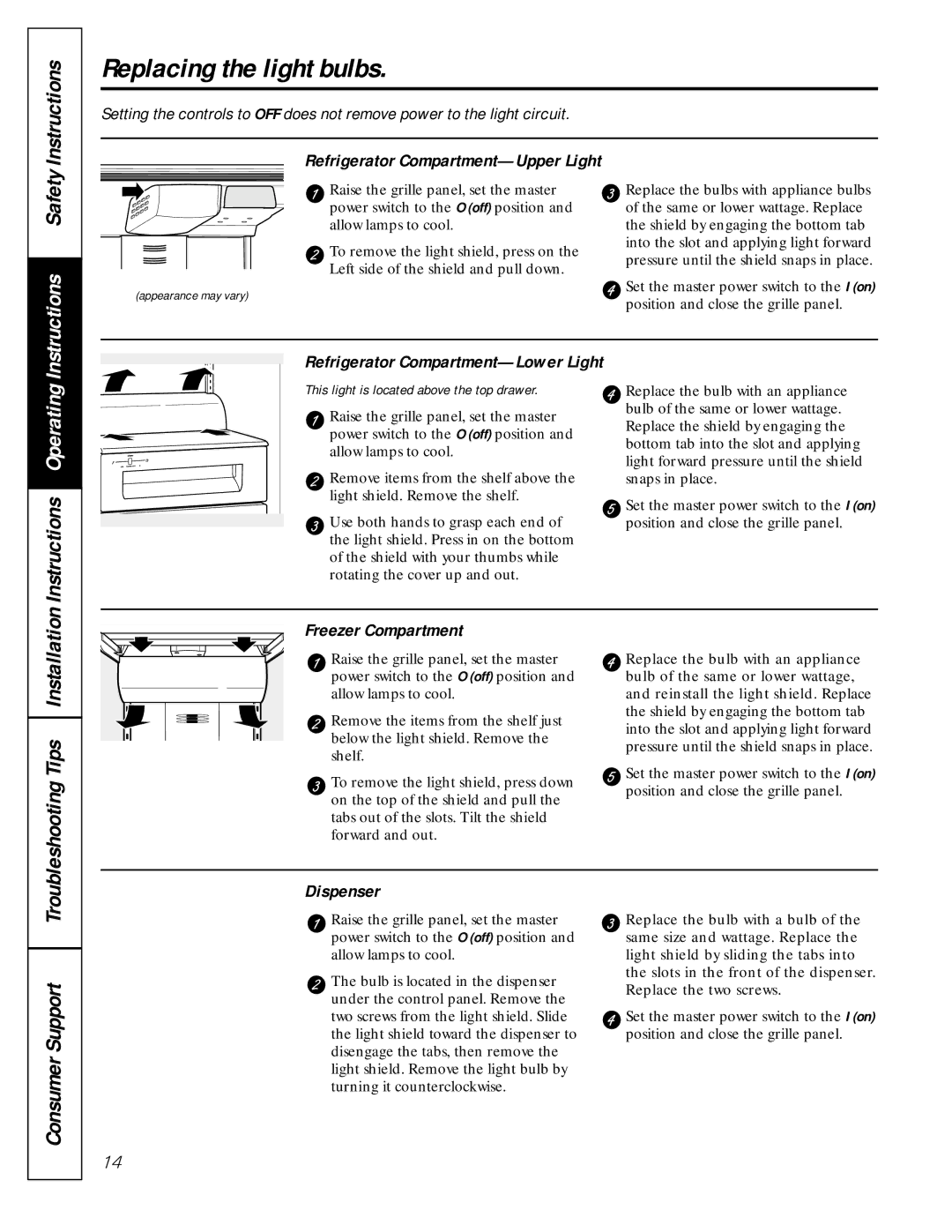 Electrolux 42 Replacing the light bulbs, Refrigerator Compartment-Upper Light, Refrigerator Compartment-Lower Light 