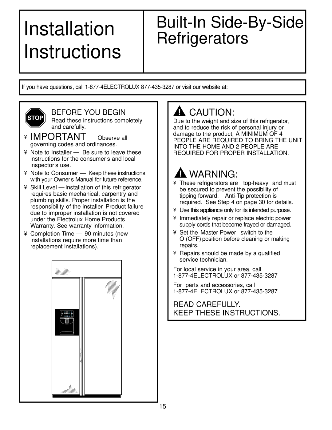 Electrolux 42 Before YOU Begin, Read Carefully Keep These Instructions, Read these instructions completely and carefully 