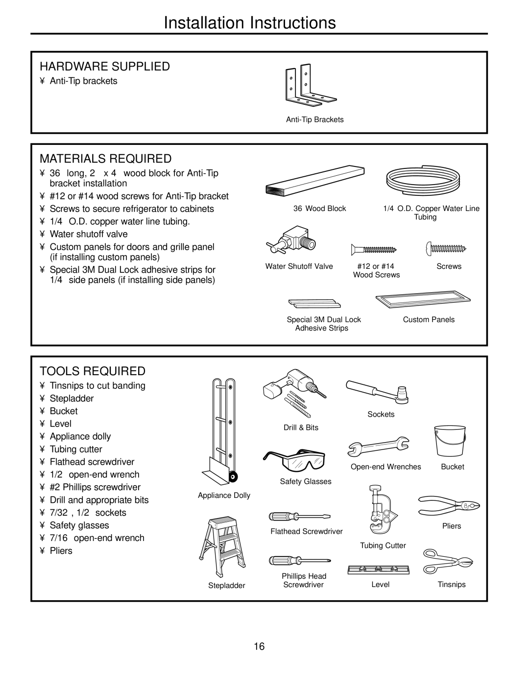 Electrolux 42 owner manual Hardware Supplied, Materials Required, Tools Required 