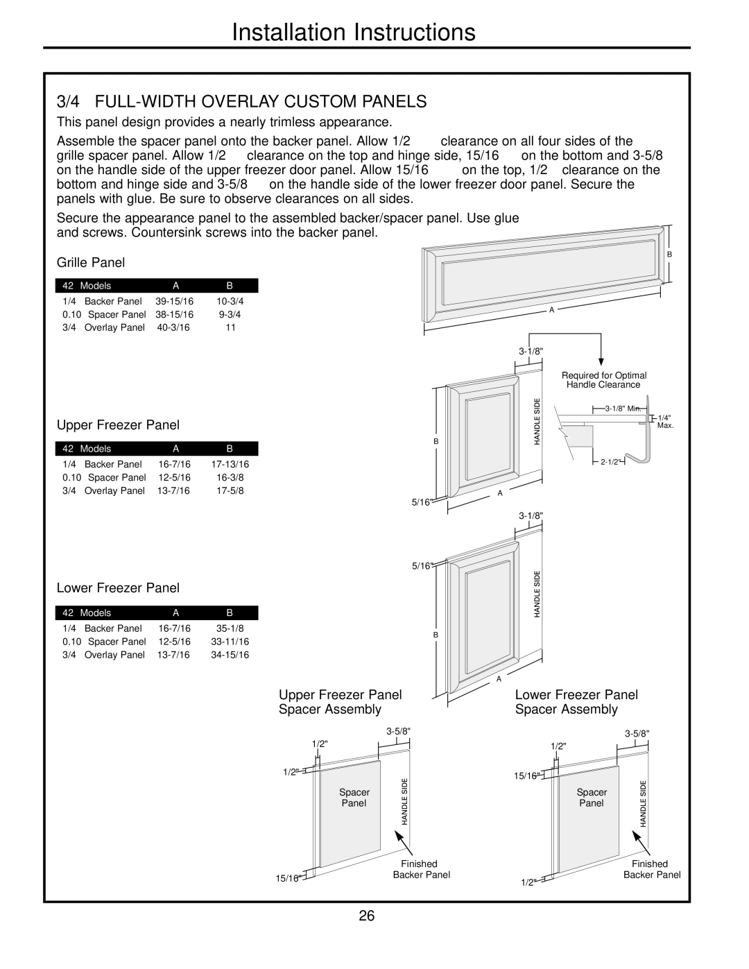 Electrolux 42 owner manual Grille Panel, Upper Freezer Panel Spacer Assembly, Lower Freezer Panel Spacer Assembly 