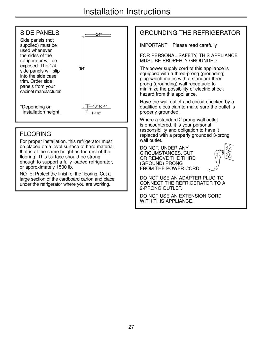 Electrolux 42 owner manual Side Panels, Grounding the Refrigerator, Flooring, IMPORTANT-Please read carefully 