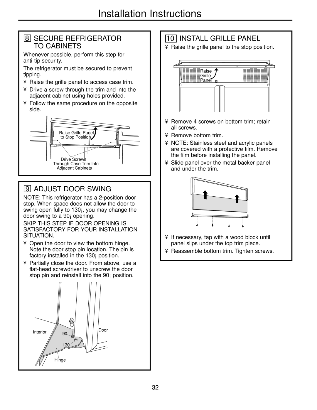 Electrolux 42 owner manual Adjust Door Swing, Install Grille Panel, Refrigerator must be secured to prevent tipping 