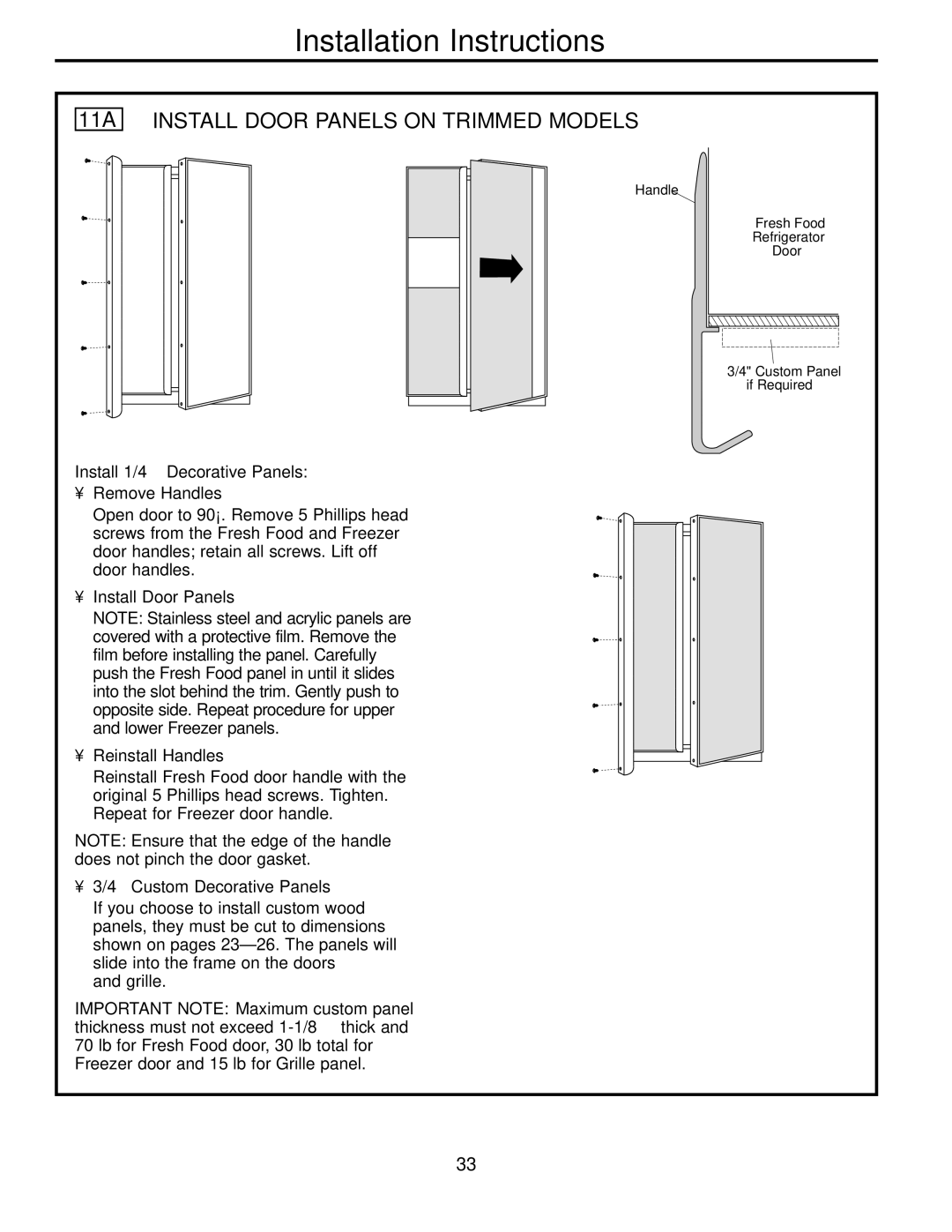 Electrolux 42 owner manual 11A Install Door Panels on Trimmed Models, Install 1/4″ Decorative Panels Remove Handles 