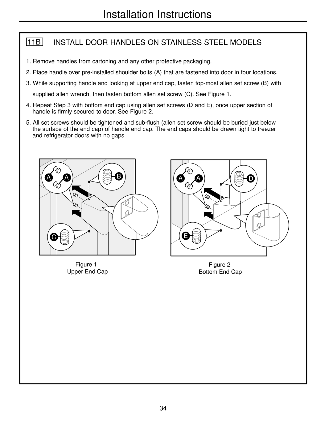 Electrolux 42 owner manual Install Door Handles on Stainless Steel Models, Upper End Cap Bottom End Cap 