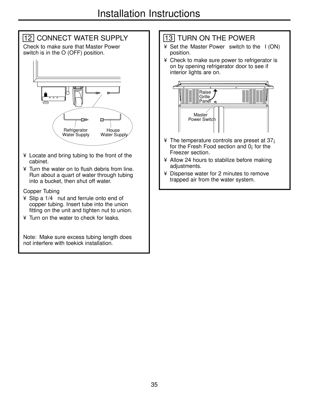 Electrolux 42 owner manual Connect Water Supply, Turn on the Power, Copper Tubing 