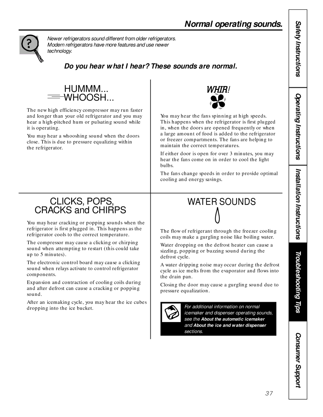 Electrolux 42 owner manual Normal operating sounds, Hummm Whoosh 