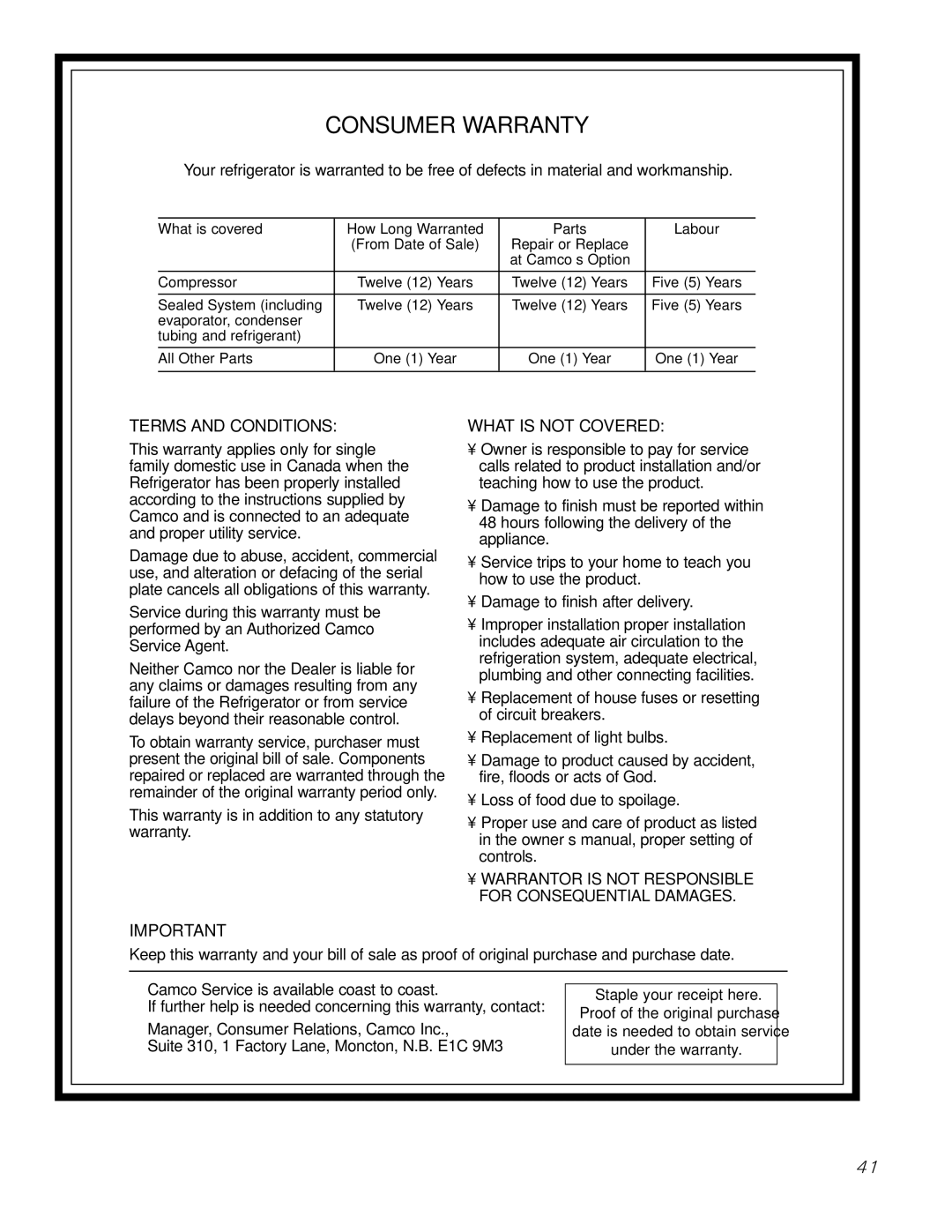 Electrolux 42 owner manual Consumer Warranty 